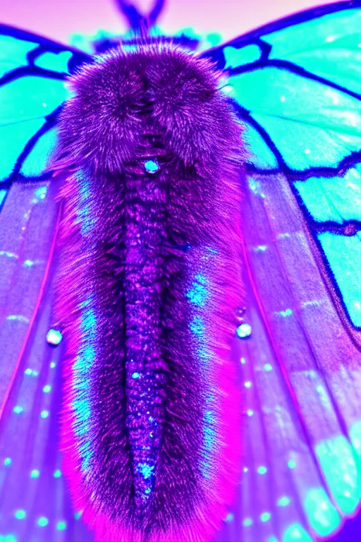 Image similar to high quality macro photo pearlescent furry moth! jeweled gorgeous! highly detailed david ligare elson peter cinematic purple neon lighting high quality low angle hd 8k sharp shallow depth of field