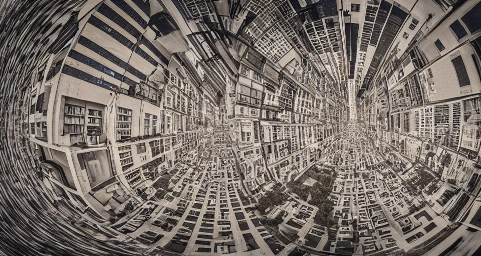 Image similar to City of cardboard viewed from the streets, fisheye photo