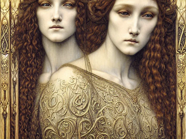 Image similar to detailed realistic beautiful young medieval queen face portrait by jean delville, gustave dore and marco mazzoni, art nouveau, symbolist, visionary, gothic, pre - raphaelite. horizontal symmetry