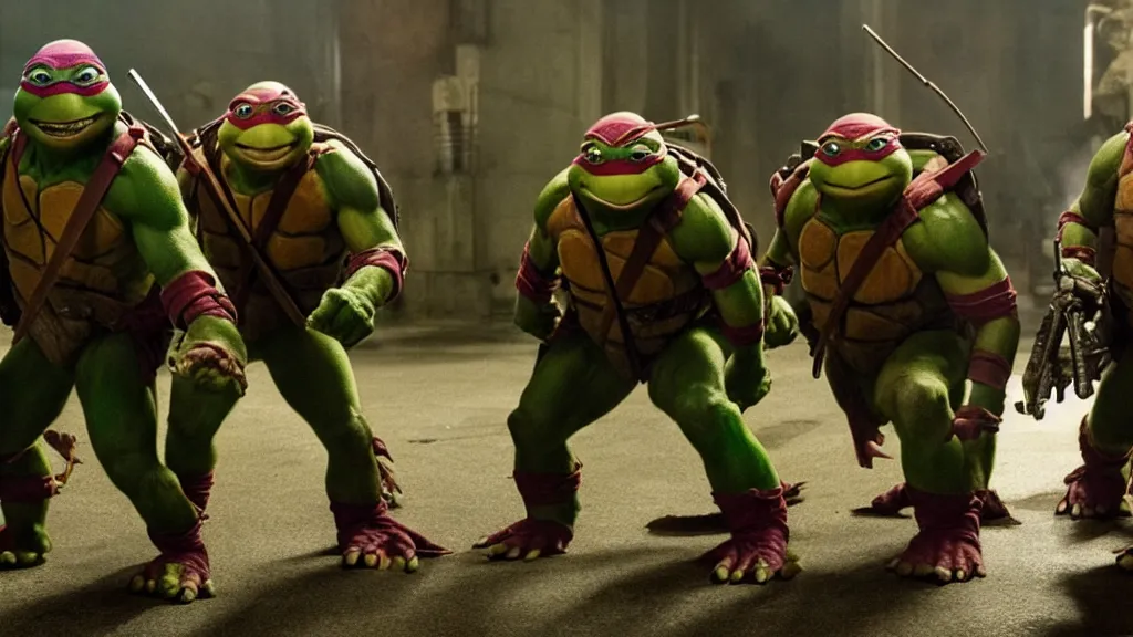 Image similar to Teenage mutant ninja turtles, film still from the movie directed by Denis Villeneuve with art direction by Salvador Dalí, wide lens