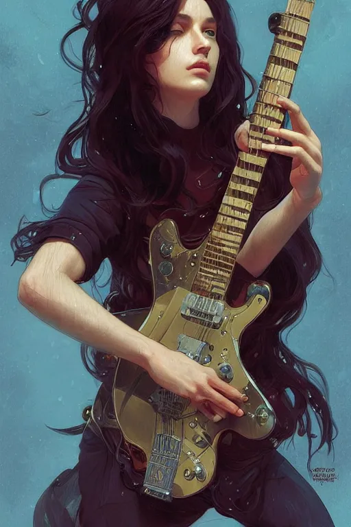 Image similar to neo with an electric guitar, intricate, elegant, highly detailed, digital painting, artstation, concept art, smooth, sharp focus, illustration, art by Krenz Cushart and greg rutkowski and Artem Demura and alphonse mucha