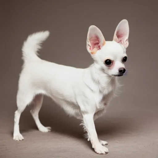 Image similar to white and tan chihuahua with long fur photography soft focus white background