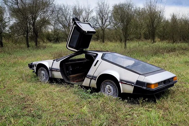 Prompt: abandoned 2 0 2 2 delorean time machine in a field