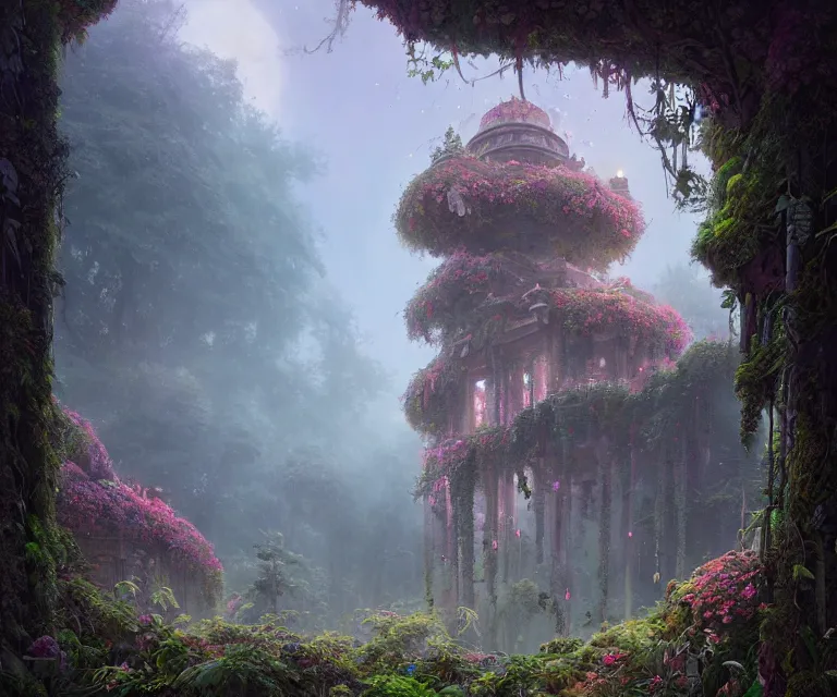 Image similar to Overgrown fantasy temple in the clouds, fantasy art by ferdinand knab, intricately detailed, overgrowth, flowers, radiant warm light, alena aenami