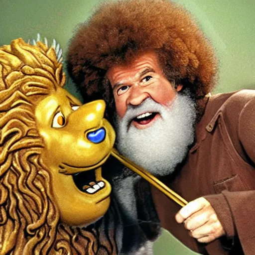 Image similar to bob ross screaming at the cowardly lion, wizard of oz