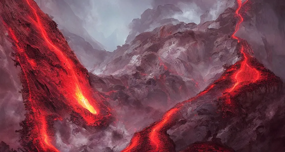 Prompt: a volcano made of ivory vines and crimson rocks enters in eruption, it spits a smoke in the shape of demonic eye, by Marc Simonetti