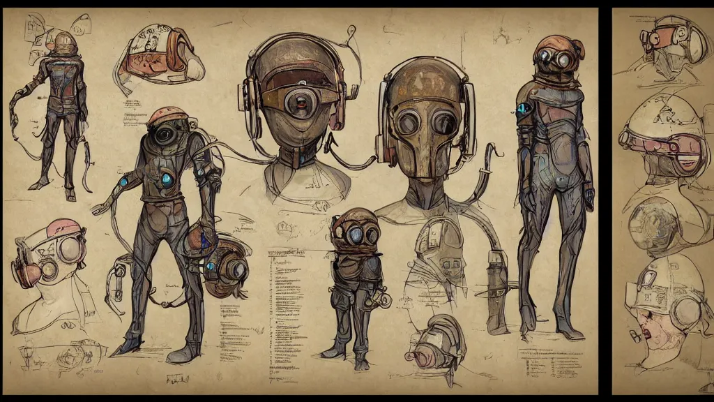 Image similar to aged paper, concept art, colorful character sheet for a male extraterrestrial warlord wearing victorian diving helmet, retrofuture, fantastic planet, moebius, valerian, coherent, illustration, digital art, trending on artstation, hd, 8 k, good lighting, beautiful, rough paper, masterpiece