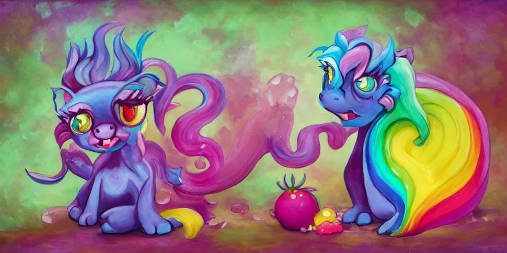 Prompt: rainbow sorbet made in the shape of 3 d littlest pet shop mythical manticore, realistic, melting, soft painting, desserts, ice cream, glitter, forest, aurora, master painter and art style of noel coypel, art of emile eisman - semenowsky, art of edouard bisson