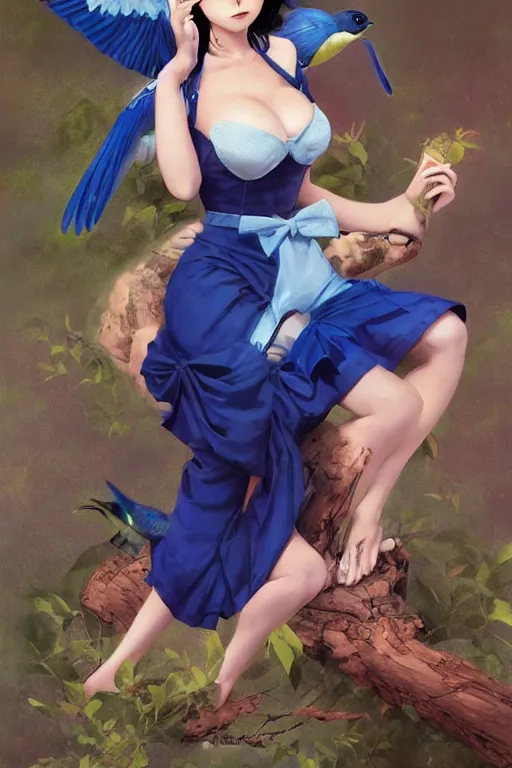 Image similar to anime pinup girl holding an indigo bunting, bird, the bird is wearing a bowtie, by greg rutkowski, rossdraws, gil elvgren, enoch bolles, anime, porcelain skin, very coherent