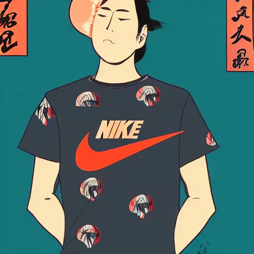 Image similar to a man wearing clothes designed by nike, large nike logo in the style ukiyo - e, radiant light, detailed and intricate environment, 4 k, trending on art station, beautiful