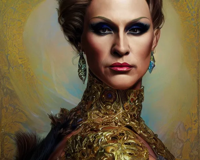 Prompt: portrait of Vladimir Putin as a drag queen, looking beautiful, fantasy, intricate, elegant, highly detailed, digital painting, artstation, concept art, smooth, sharp focus, illustration, art by artgerm and greg rutkowski and alphonse mucha