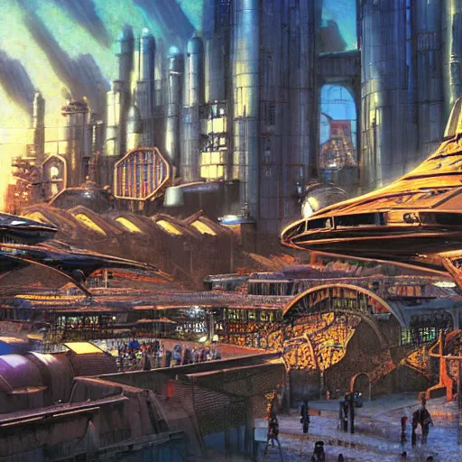 Image similar to a medieval marketplace next to a cyberpunk spaceport spaceship dock. used future aesthetic. digital matte painting by james gurney and david mattingly.