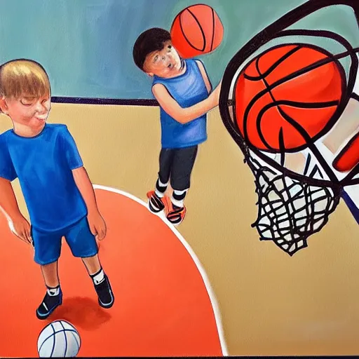 Prompt: painting of a kid about to shoot a basketball into a hoop, behind camera view