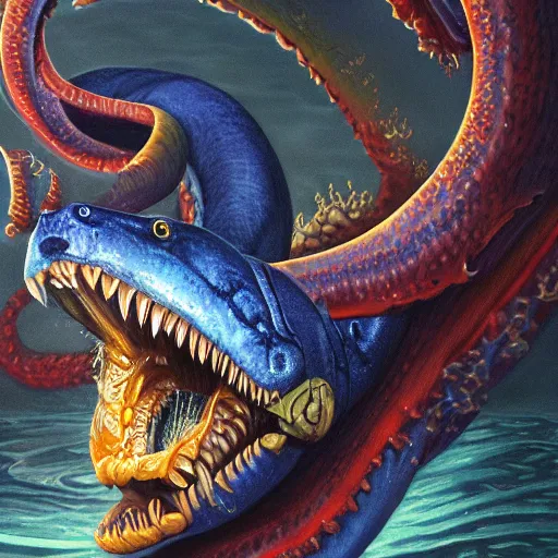 Image similar to Leviathan, glowing eyes, 8k, trending on artstation, high detail, oil painting