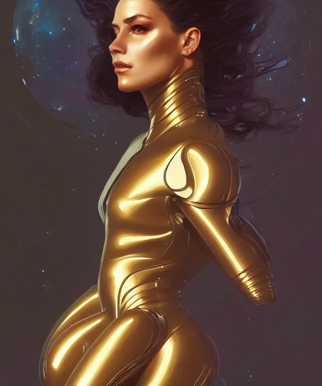 Prompt: futuristic Bodycon spacesuit of an alluring woman portrait, sci-fi, amber eyes, face, long hair, fantasy, intricate, elegant, highly detailed, digital painting, artstation, concept art, smooth, sharp focus, illustration, art by artgerm and greg rutkowski and alphonse mucha