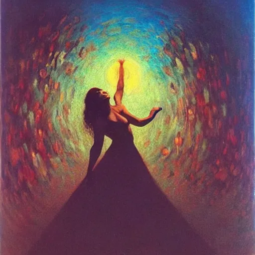 Image similar to Carmen sings beautifully, mesmerizing a crowd and shattering worlds- contest-winning artwork by Salvador Dali, Beksinski, Van Gogh and Monet. Stunning lighting