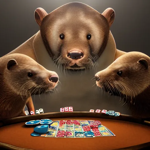 Prompt: otters playing poker, hyper detailed, dramatic lighting, cgsociety, realistic, hyper detailed, insane details, intricate, dramatic lighting, hypermaximalist, golden ratio, rule of thirds, octane render, weta digital, micro details, ultra wide angle, artstation trending, 8 k,