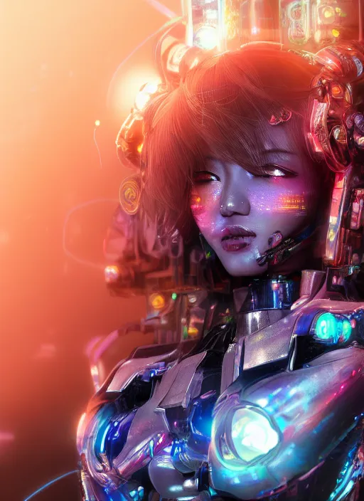 Image similar to a highly detailed portrait of a kpop idol female mecha in spiked cyberpunk bioarmor trending on artstation by yoshitake amano, holographic undertones, 3 d cg, octane rendered, futuristic, 2 k aesthetic, dramatic lighting, 4 k, highly saturated colors