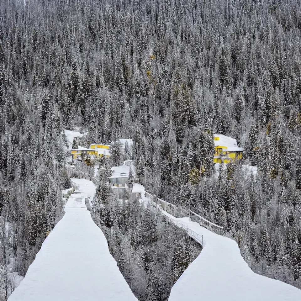 Prompt: a road leading to a mid-century modern house on top of a cliff in the arctic, covered with snow, designed by Frank Gehry, with a long pathway toward it. Big tiles. Film grain, cinematic, yellow hue