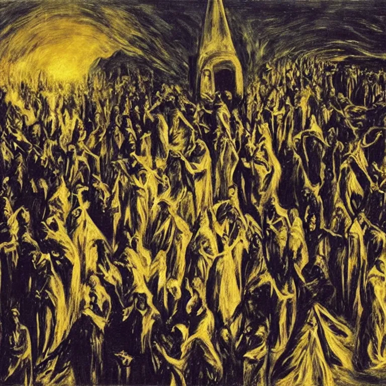 Prompt: A Holy Week procession of souls in a Spanish landscape at night. A figure at the front holds a cross. El Greco, Remedios Varo, Salvador Dali.