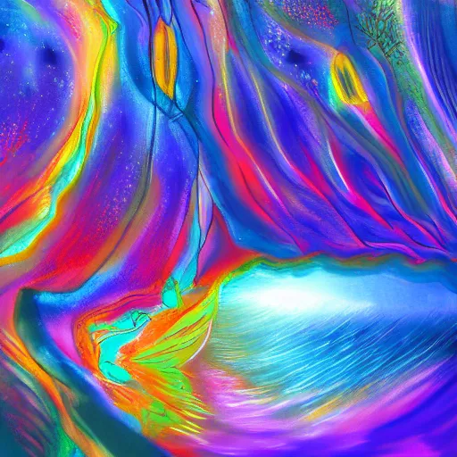 Image similar to a colourful abyss, landscape, digital art, detailed