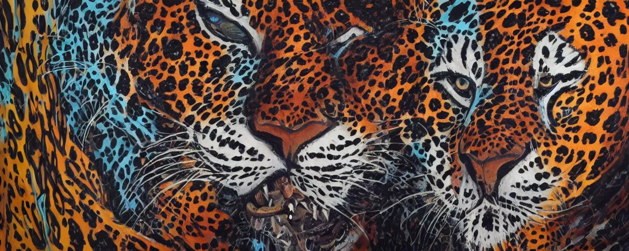 Prompt: an intricated and detailed painting of a shaman turning into a jaguar 8 k, render