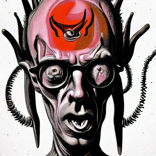 Prompt: graphic illustration, creative design, satan, biopunk, francis bacon, highly detailed, hunter s thompson, concept art