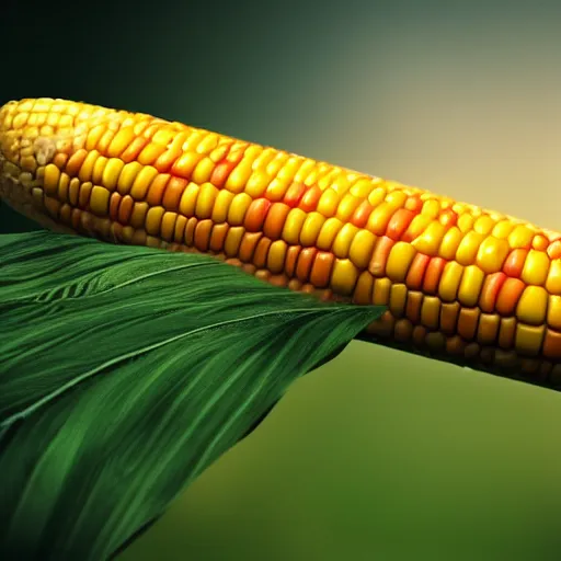 Prompt: a beautiful hyperrealistic render of a corn cob made of candy corn growing on a corn stalk