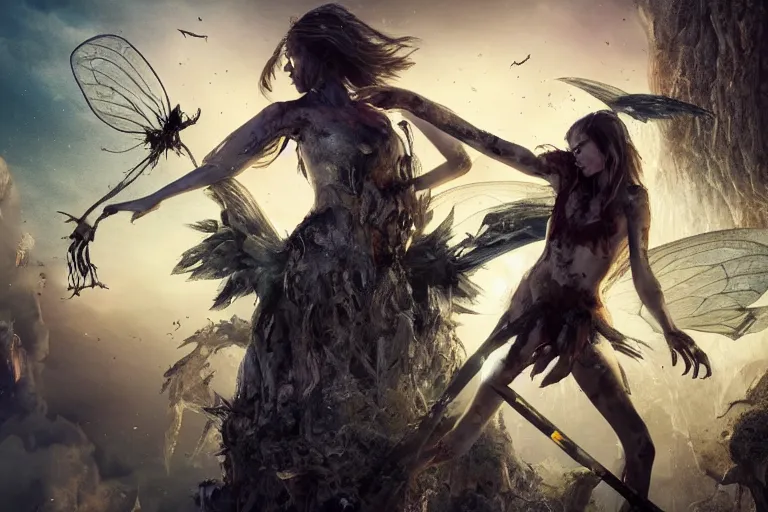 Prompt: The beautiful fairy girl, with tattered wings and torn clothes ,fights off a hoard of undead monsters and zombies, firing a pistol, while standing on a pile of bones, hyper realistic, octane render, cinematic, golden ratio, curved lines, the dark tower, dramatic lighting shadows, detailed illustration, 8k, intricate details, oil painting, 3d scene, render, ultra realistic, zenith view, Greg Rutkowski, artstation, cgsociety, level design, unreal engine, 3d scene, render, ultra realistic, zenith view, Enki Bilal style