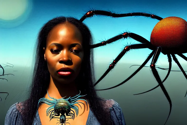 Image similar to realistic detailed photorealistic film portrait shot of a beautiful black woman with a giant spider, sci-fi city landscape background by Denis Villeneuve, Amano, Yves Tanguy, Alphonse Mucha, Ernst Haeckel, Andrei Tarkovsky, Edward Robert Hughes, Roger Dean, necklace, dynamic pose, rich moody colours, wide angle, blue eyes