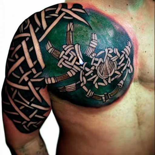 Prompt: shoulder tattoo, nordic and celtic, viking with sword and shield, celtic knot band with a viking warrior centerpiece, viking holds a shield frontward and a sword over his head, dark green black ink tattoo