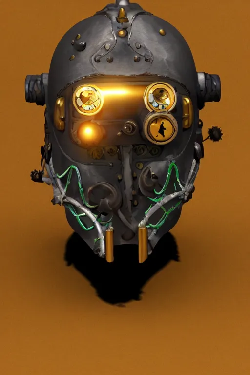 Image similar to steampunk mask minimalist fantasy art robot ninja helmet, global illumination ray tracing hdr fanart arstation by sung choi and eric pfeiffer and gabriel garza and casper konefal chaykin howard and campionpascale and cooke darwyn and davis jack