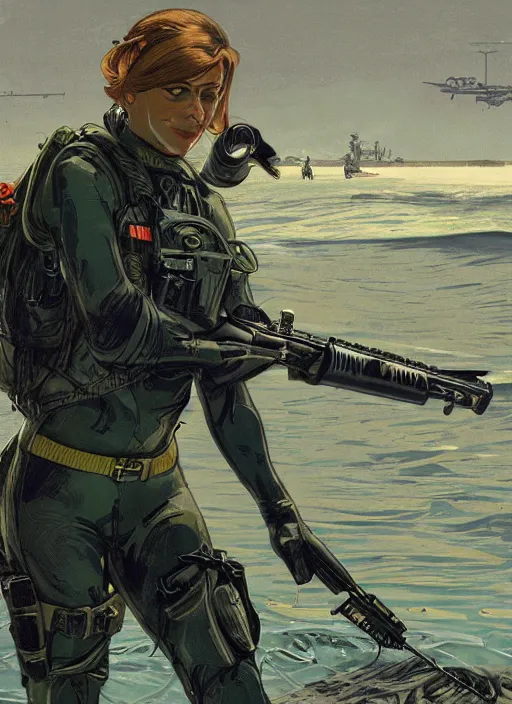 Image similar to Dinah. USN blackops operator emerging from water at the shoreline. Operator wearing Futuristic wetsuit and looking at an abandoned shipyard. Frogtrooper. rb6s, MGS, and splinter cell Concept art by James Gurney, Alphonso Mucha. Vivid color scheme.