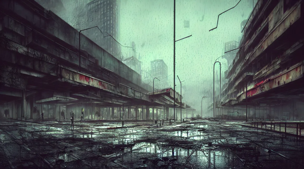 Image similar to post apocalyptic city building, raining, building, avenue, modern contemporary urban americana concrete architecture, paved roads, by shaddy safadi trending on artstation, photorealistic, neon ambiance, ultra detailed, high definition, depth of field, bokeh, wild vegetation, blood stains, crumbling, post - apocalyptic warriors