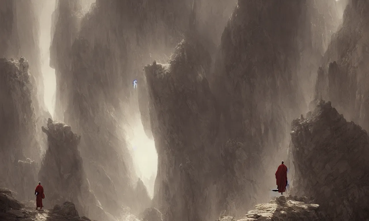 Image similar to lonely taoist monk walking with a stick anda long robe blown by the wind through mountainous canyons, lit by the light of gods, abandoned by gods, hyperdetailed artstation cgsociety by greg rutkowski and by Gustave Dore