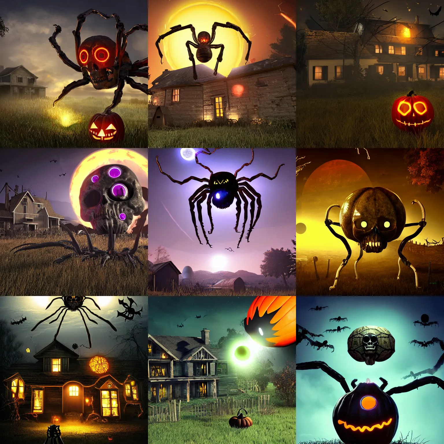Prompt: giant skull spider with glowing eyes, hovering over a farmhouse on halloween, PC boxart