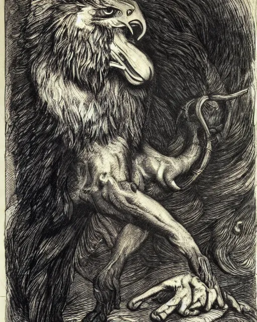 Image similar to a creature with the body and eyes of a man, with the beak of an eagle, the mane of a lion, and the horns of an ox. drawn by francis bacon