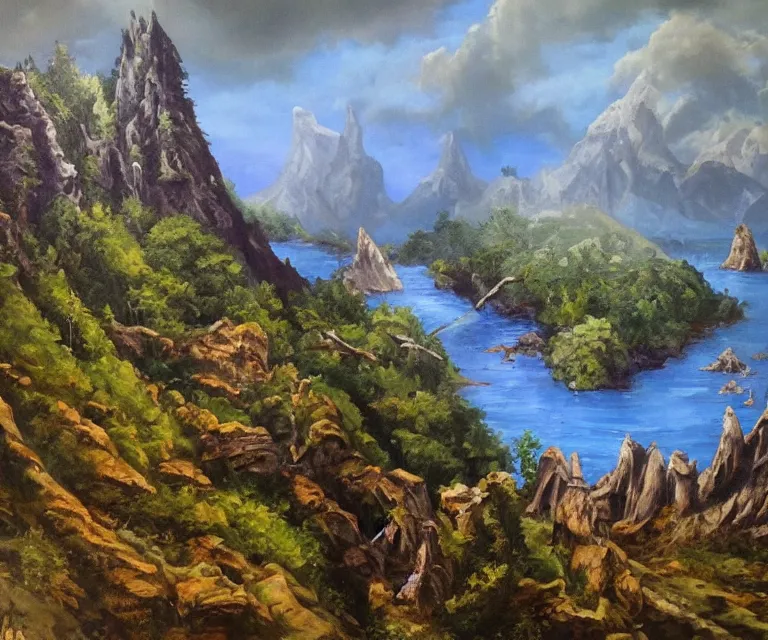 Image similar to medieval fantasy artwork. woodland with cliffs in the background. on top of the cliffs is a radiant castle made of pure blue light!!! oil on canvas.