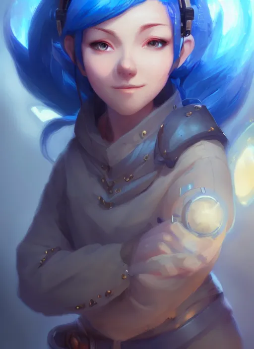 Prompt: female gnome artificer with blue hair, young adult, tinkerer, dnd character portrait, illustration, perfectly shaded, atmospheric lighting, by wenjun lin an krenz cushart