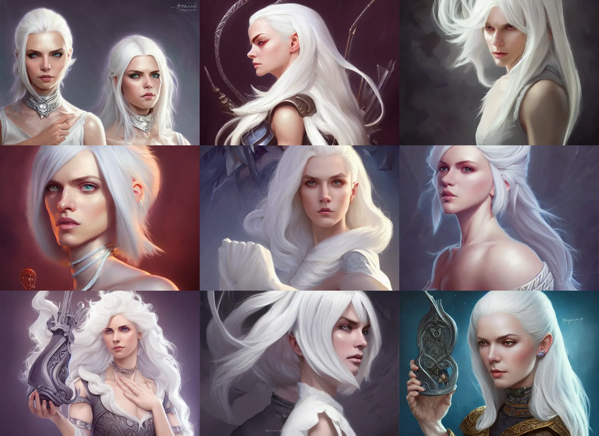 Prompt: full body portrait of a stylish white haired female character with special abilities, deep focus, d & d, fantasy, intricate, elegant, highly detailed, digital painting, artstation, concept art, matte, sharp focus, illustration, hearthstone, art by rhads by artgerm and greg rutkowski and alphonse mucha