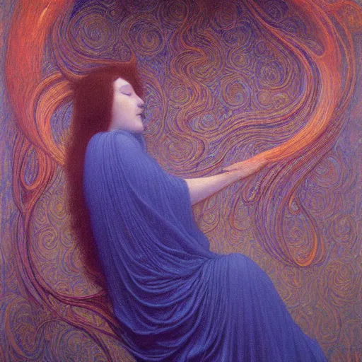 Prompt: Beautiful painting of a ghostly lady having a delightful dream, oil on canvas, very detailed, by Jean Delville