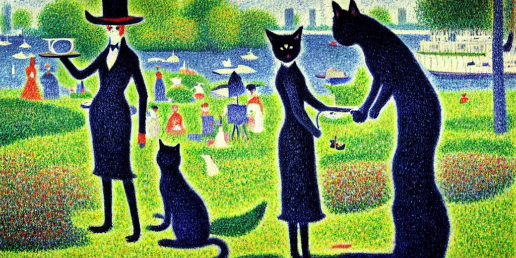 Prompt: anthropomorphic black cat in a suit serving tea to a lady in a beautiful blue dress on a boat, garden, flowers, lake, pale colors, anthropomorphic cat, sunny, sharp focus, highly detailed, pointillist style, art by Georges Seurat, painting, masterpiece