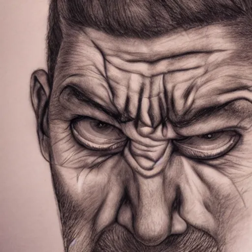 Image similar to A very angry man looking straight into your soul, rage, anger, fire, pencil drawing, hyper realistic