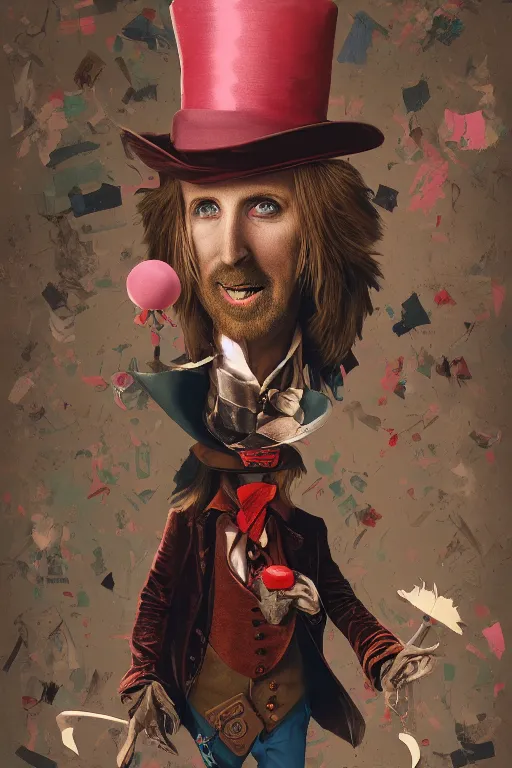 Image similar to tom petty as the mad hatter, contrast, kim jung gi, greg rutkowski, zabrocki, karlkka, jayison devadas, trending on artstation, 8 k, ultra wide angle, zenith view, pincushion lens effect