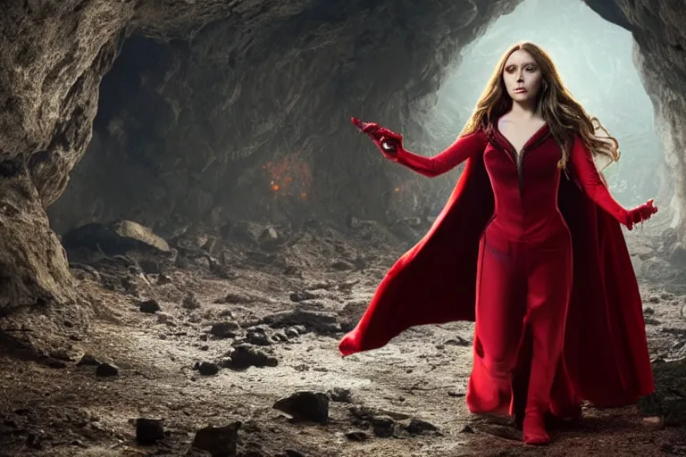 Prompt: movie still of elizabeth olsen as the scarlet witch, facing away from the camera, standing in the middle of a dark cave, holding red magic from her hands, illuminating the area, golden ratio!!!!!, centered, trending on artstation, 8 k quality, cgsociety contest winner, artstation hd, artstation hq, luminous lighting