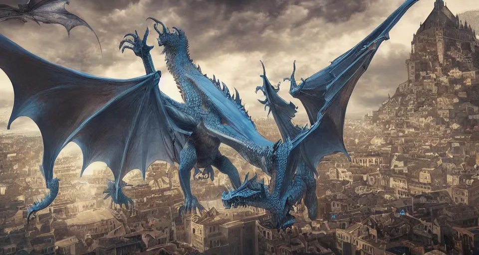 Prompt: single large dragon flying over medieval city, in style of artgerm and charlie bowater, 8k, hyper detailed, cold blue tones