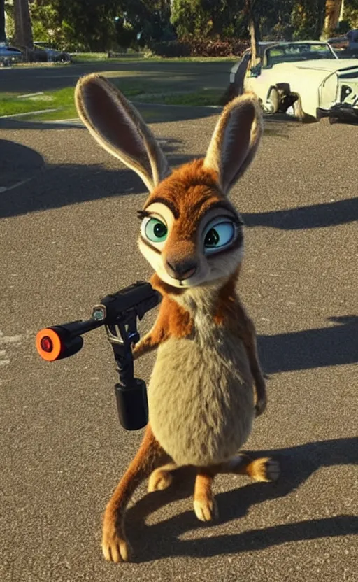 Image similar to “kangaroo in the style of the movie zootopia holding a laser gun and pointing it at the the camera”