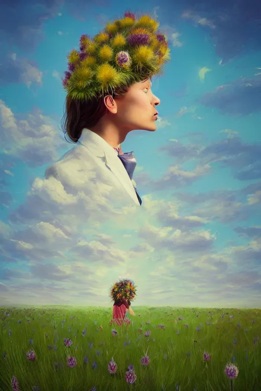 Prompt: portrait, large thistle flower under head, a girl in a suit in field of flowers, surreal photography, sunrise, blue sky, dramatic light, impressionist painting, digital painting, artstation, simon stalenhag