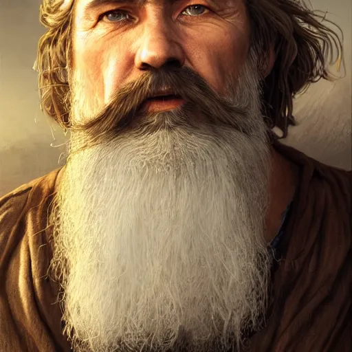 Image similar to centered detailed portrait of an old smuggler with a huge beard::art by James Christensen and Artgerm and Sophie Anderson::realistic character concept, identical eyes, gazing eyes, beautiful eyes, medium shot, elegant pose, science fiction, illustration, slender symmetrical face and body, artstation, cinematic lighting, hyperdetailed, cgsociety, 8K, 4K, high resolution, single face, insanely detailed and intricate, beautiful, elegant, golden ratio, vfx::post apocalyptic, Fallout style, destroyed city on background