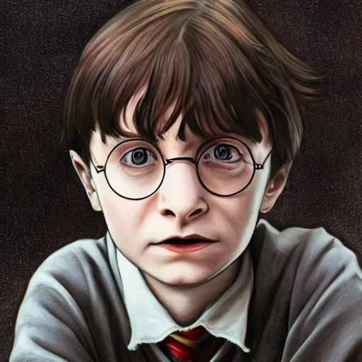 Prompt: a close up portrait of harry potter as a child, art station, highly detailed, concept art, sharp focus, illustration in pen and ink, wide angle, by Kentaro Miura